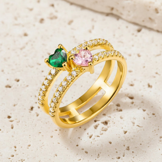 Personalized Double Heart Birthstone Ring