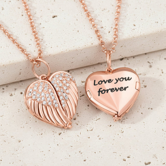 Custom Angel Wings Heart Photo Locket Necklace