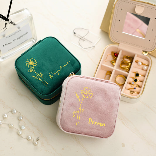 Custom Birth Flower Velvet Jewelry Box