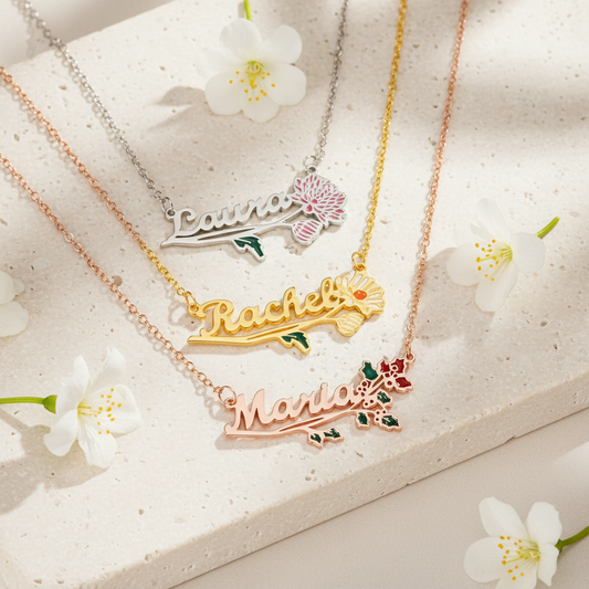 Personalized Name Birth Flower Necklace
