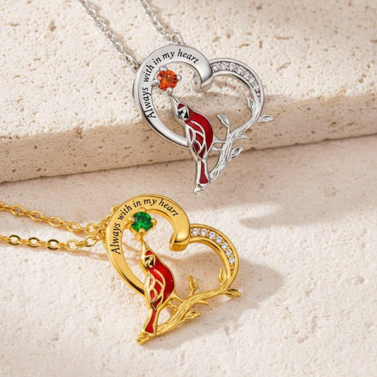 Personalized Cardinal Heart Birthstone Necklace 925 Silver