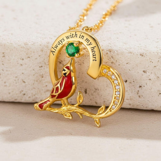 Personalized Cardinal Heart Birthstone Necklace