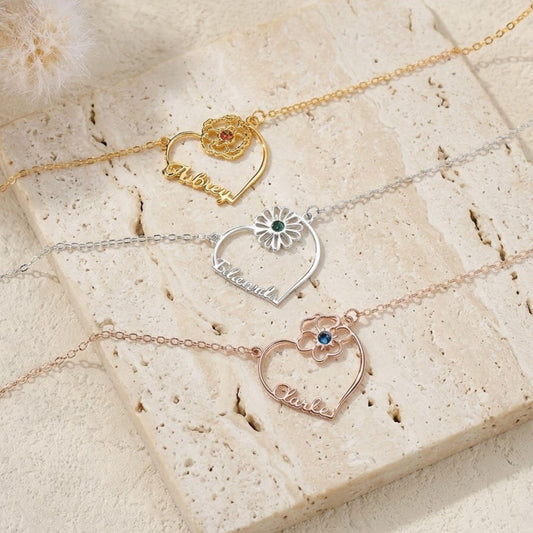 Custom Name Heart Birth Flower Necklace with Birthstone