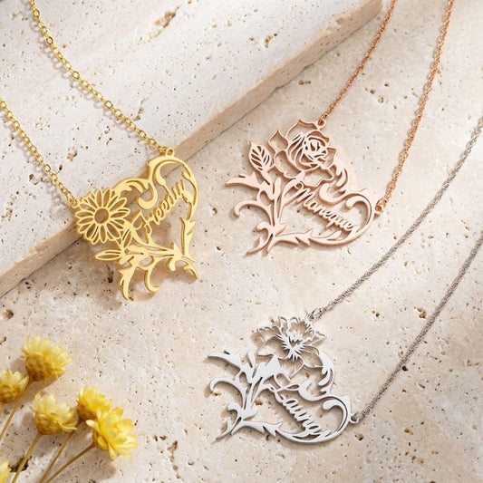 Custom Name Birth Flower Heart Necklace