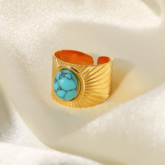Golden Turquoise Sun Open Statement Ring