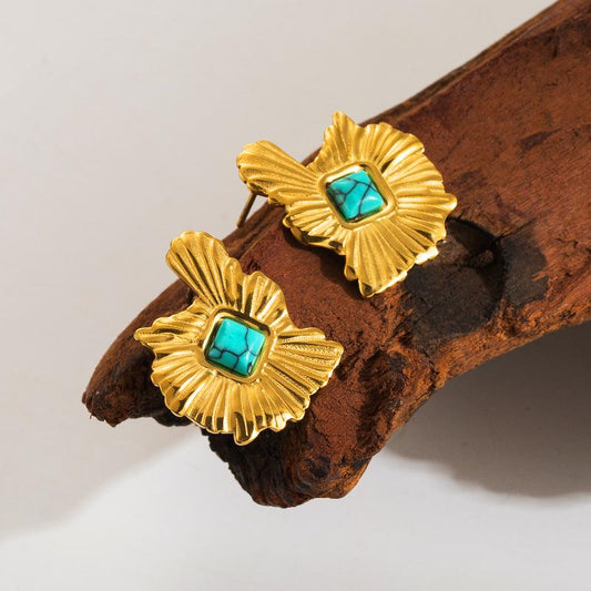 Vintage Boho Turquoise 18K Gold Stud Earrings