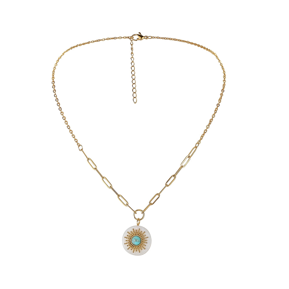 Boho Turquoise Sun 18K Gold Pendant Necklace