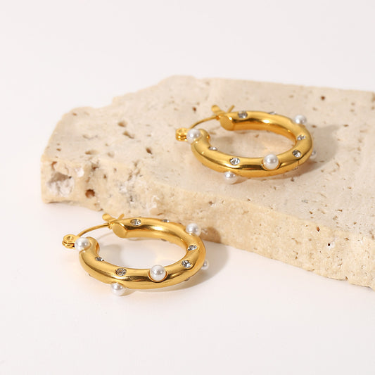 Vintage Round Pearl Hoop Earrings