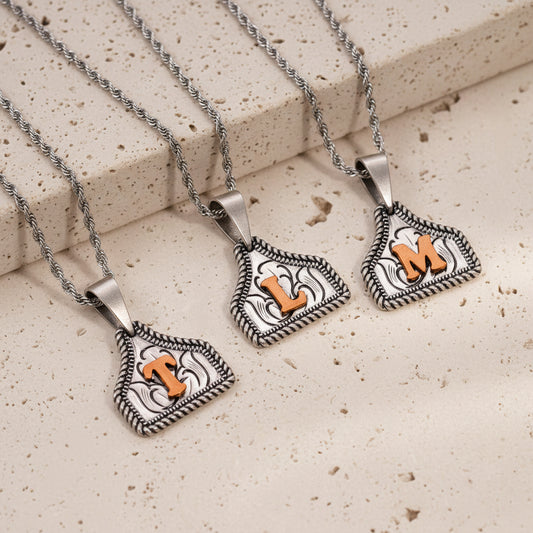 Custom Engraved Cow Tag Necklace with Initial