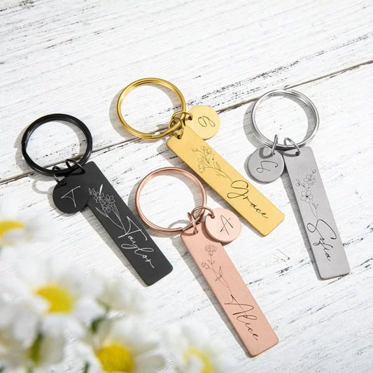 Custom Name Birth Flower Keychain with Initial