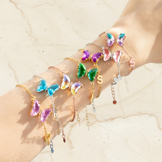 Personalized Initial Crystal Glass Butterfly Bracelet