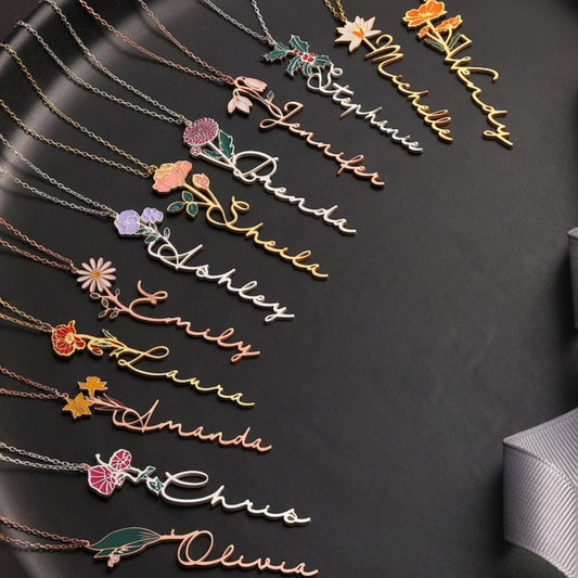 Personalized Birth Flower Name Necklace 925 Sterling Silver