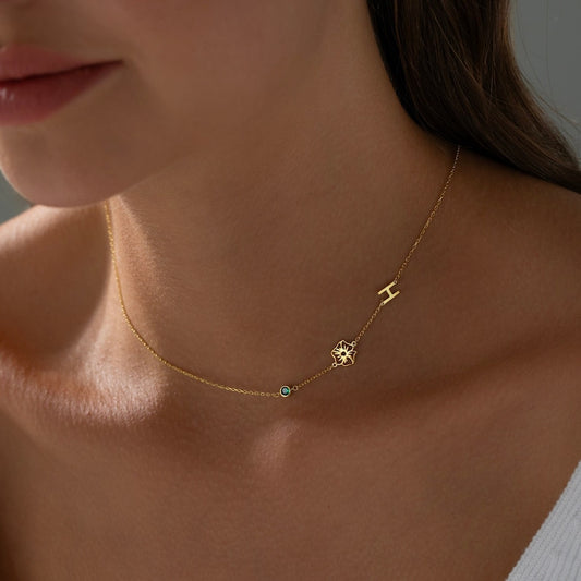 Custom Birth Flower & Birthstone Necklace with Initials