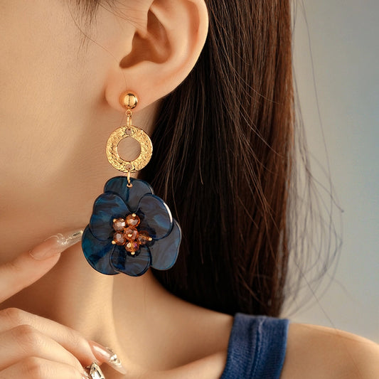 Deep Navy Floral Dangle Earrings