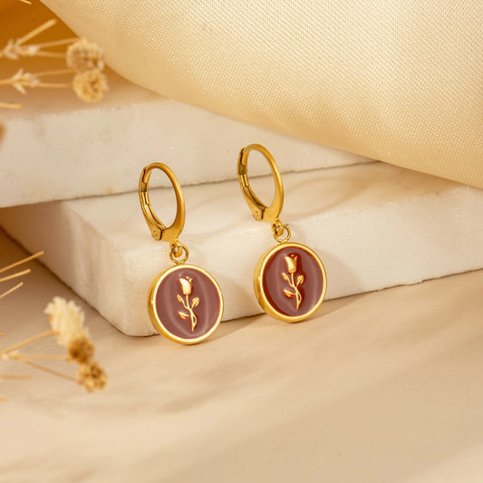 Fall Rose Stamp Charm Hoop Earrings
