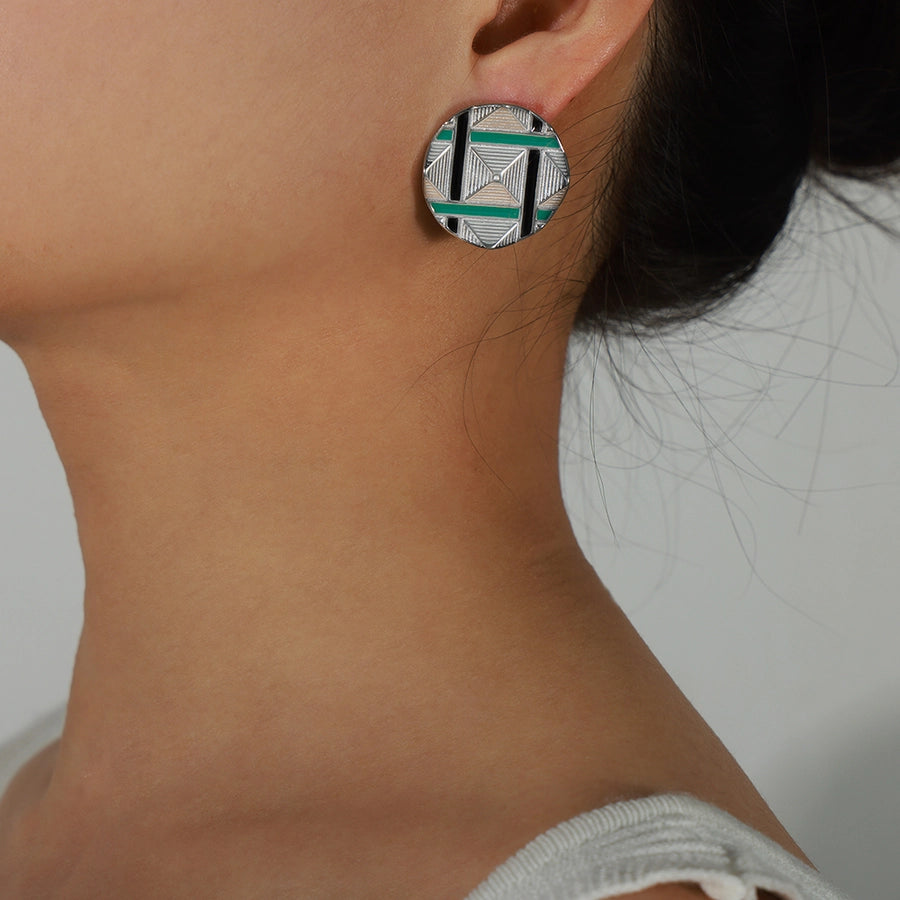 Vintage Plaid Enamel Stud Earrings