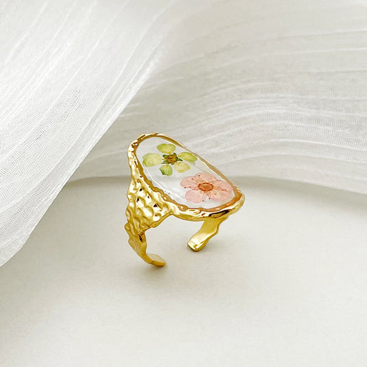Vintage Pressed Flowers Resin Open Ring
