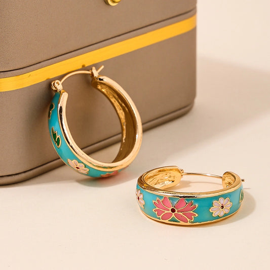 Vintage Floral Painted Enamel Hoop Earrings
