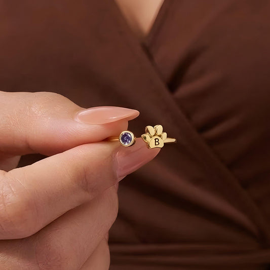 Custom Pet Paw Initial Birthstone Ring