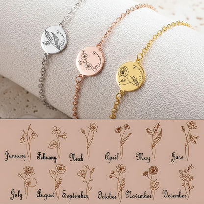 Custom Engraved Birth Flower & Name Bracelet