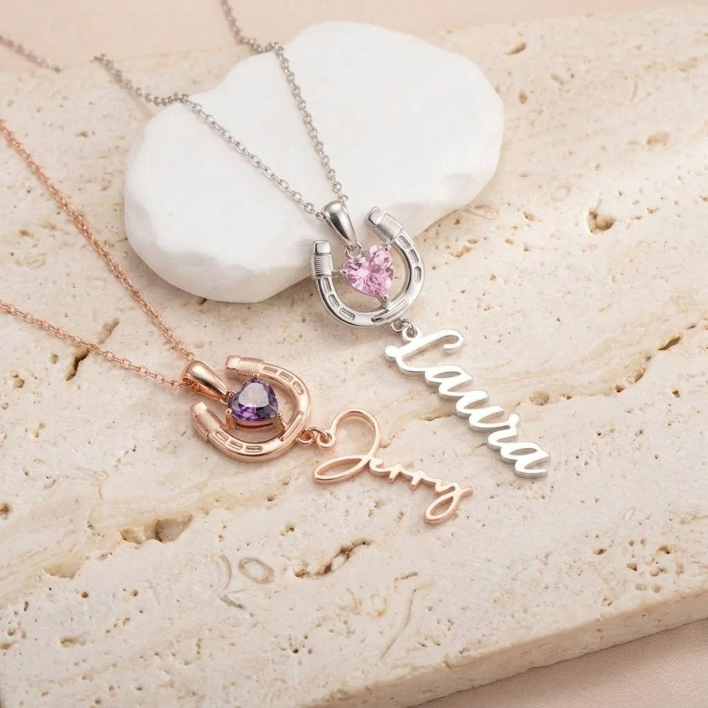 Custom Name Horseshoe Necklace with Birthstone