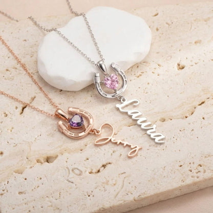 Custom Name Horseshoe Necklace with Birthstone