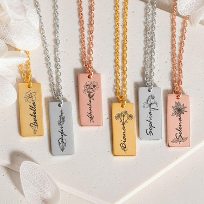 Birth Flower Combined Bar Necklace