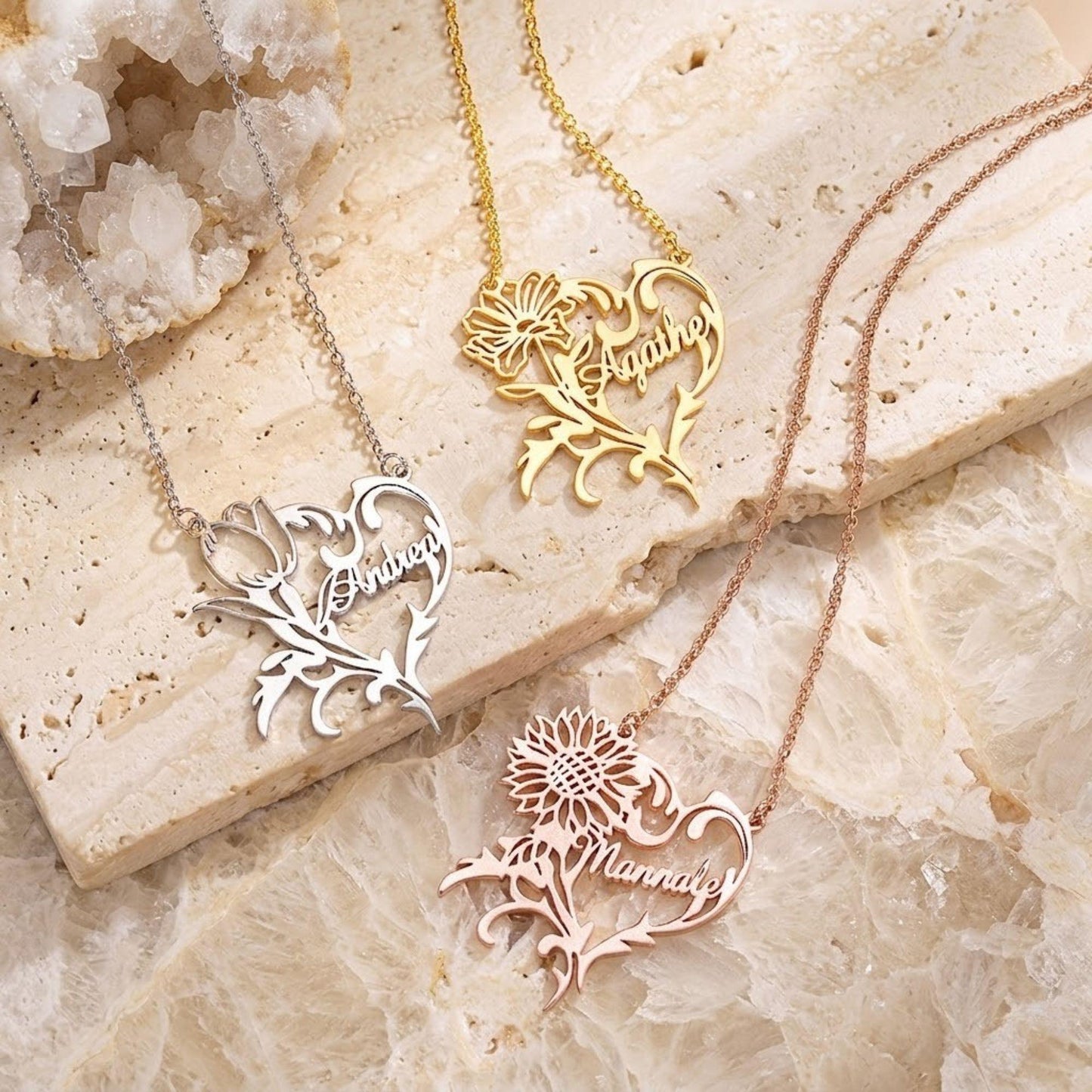 Custom Name Birth Flower Heart Necklace
