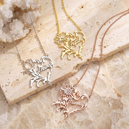 Custom Name Birth Flower Heart Necklace
