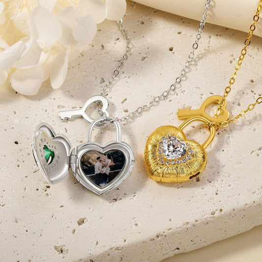 Personalized Photo Heart Lock Necklace with Birthstone