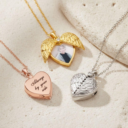 Engraved Angel Wings Photo Locket Urn Necklace