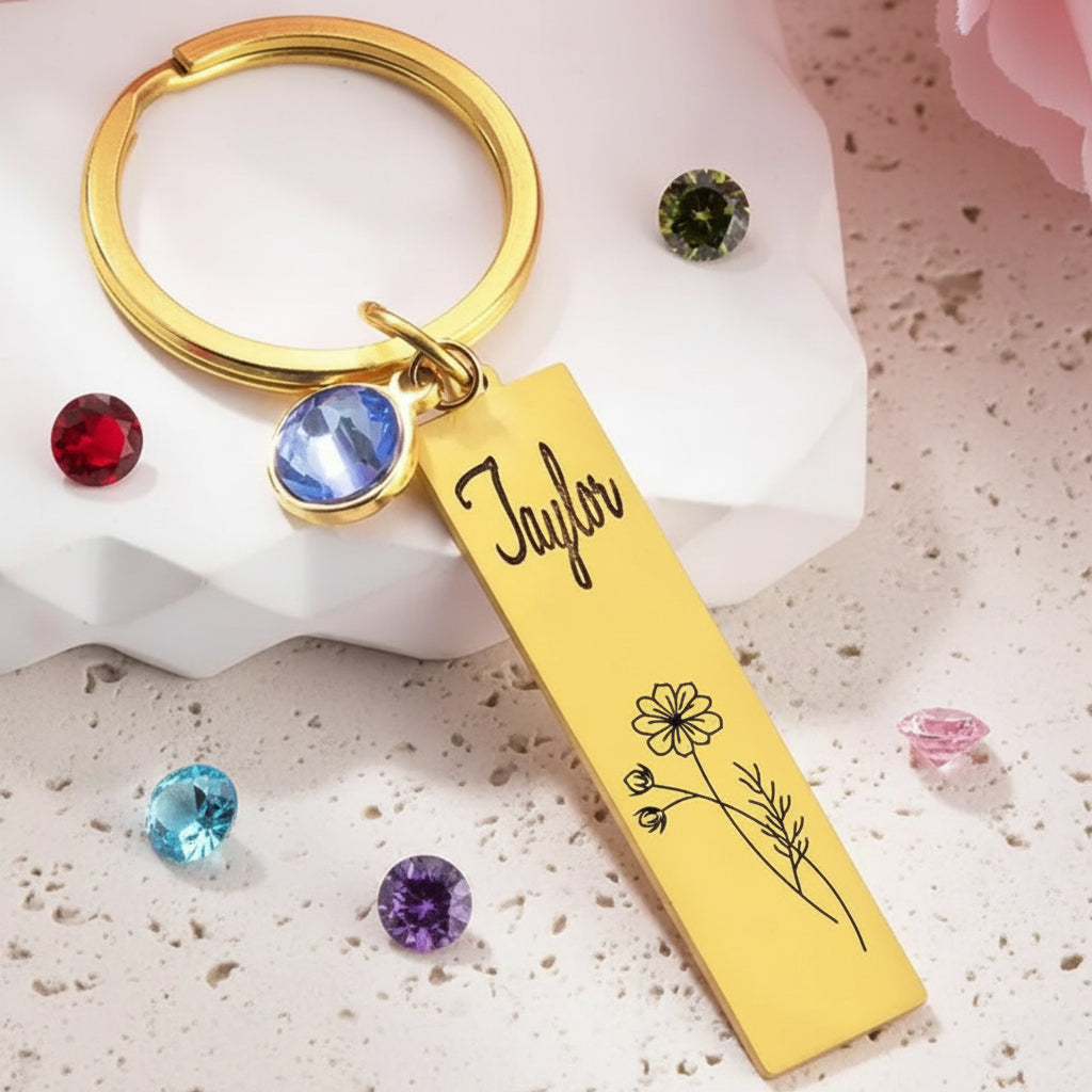 Personalized Name Birth Flower Keychain with Birthstone