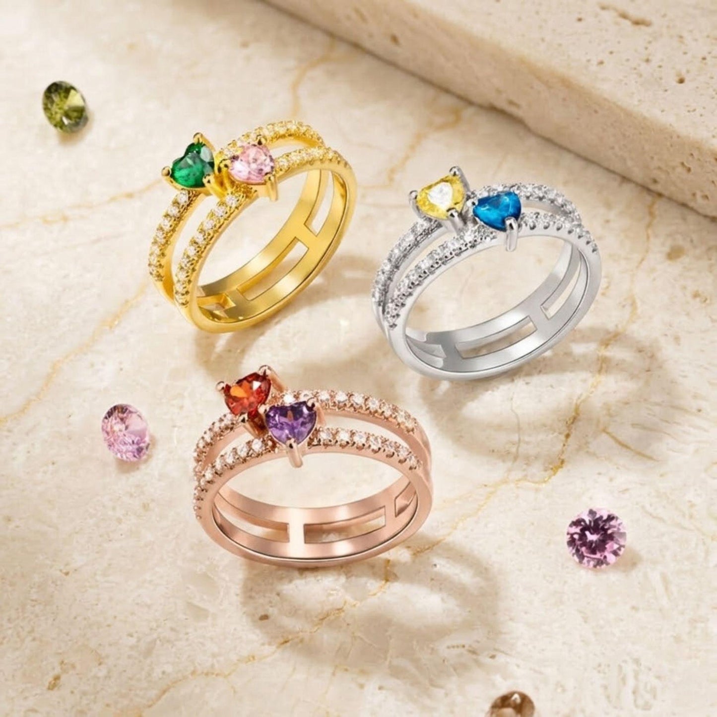 Personalized Double Heart Birthstone Ring