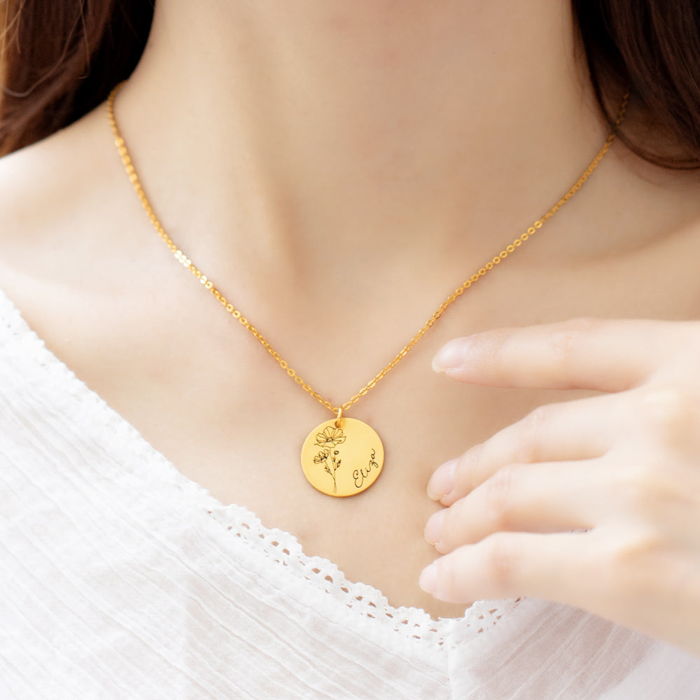 Personalized Engraved Birth Flower Disc Necklace