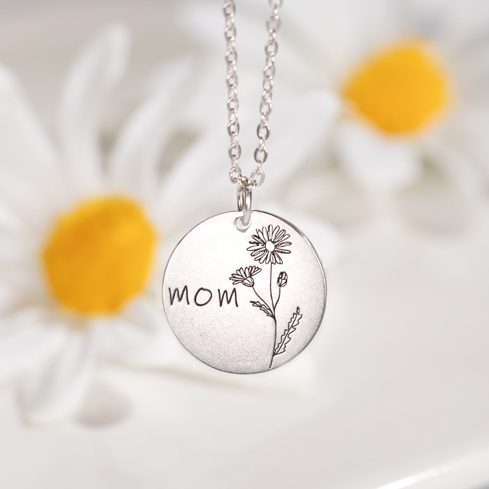 Personalized Engraved Birth Flower Disc Necklace