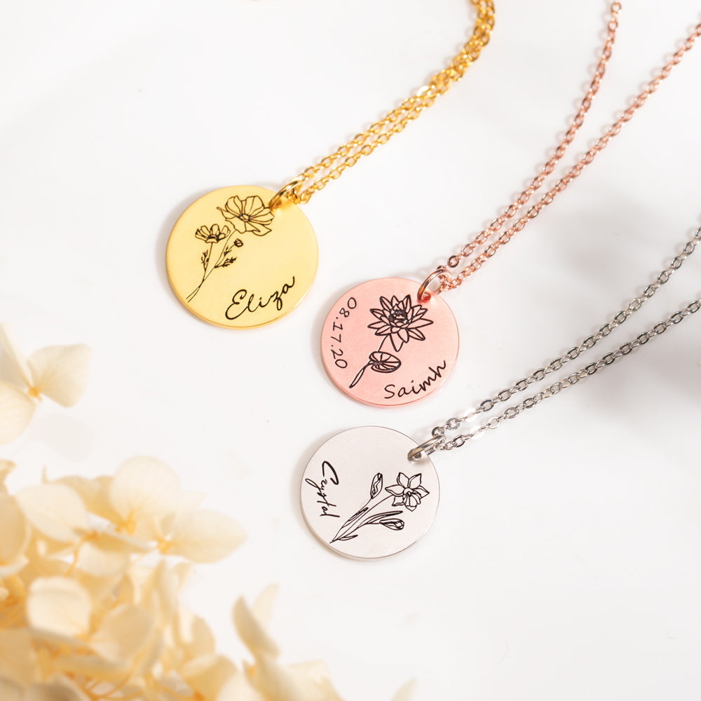 Personalized Engraved Birth Flower Disc Necklace