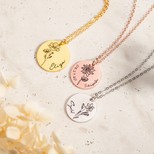 Personalized Engraved Birth Flower Disc Necklace