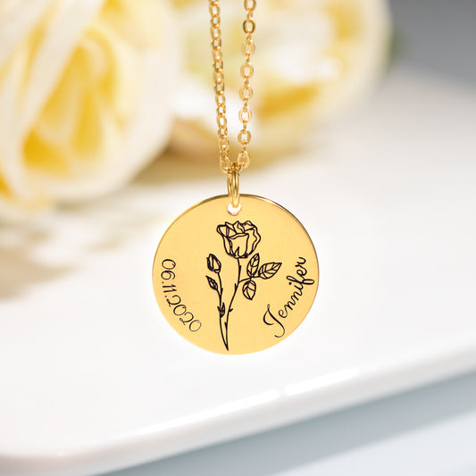 Personalized Engraved Birth Flower Disc Necklace