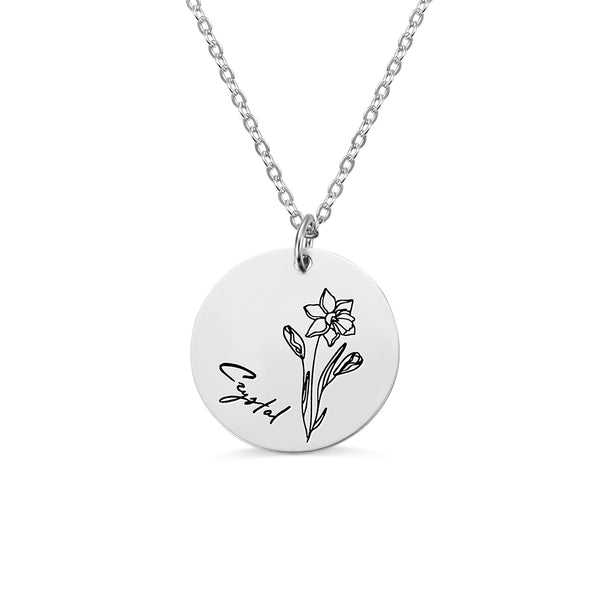 Personalized Engraved Birth Flower Disc Necklace