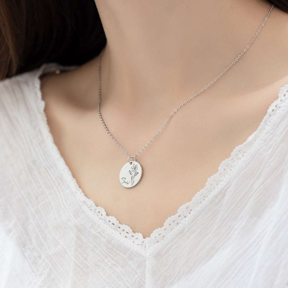 Personalized Engraved Birth Flower Disc Necklace