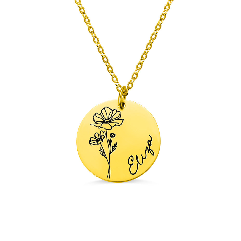 Personalized Engraved Birth Flower Disc Necklace