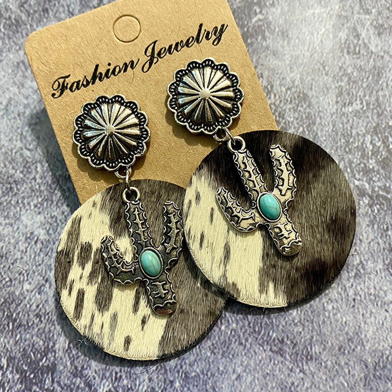 Western Cowhide Cactus Dangle Earrings