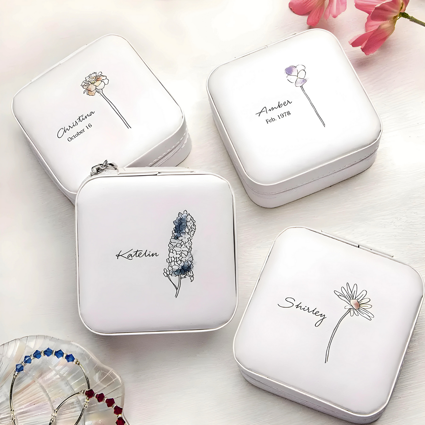 Name & Date Jewelry Box with Birth Flower