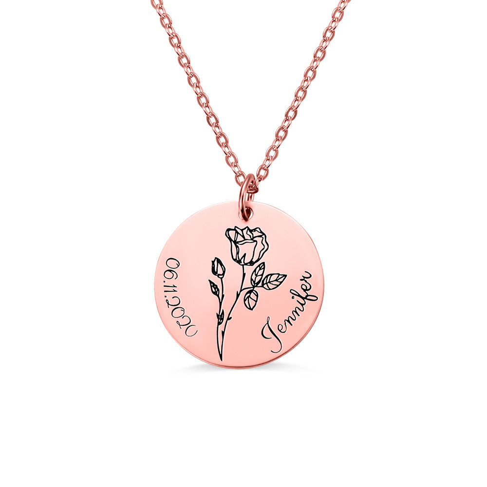 Personalized Engraved Birth Flower Disc Necklace