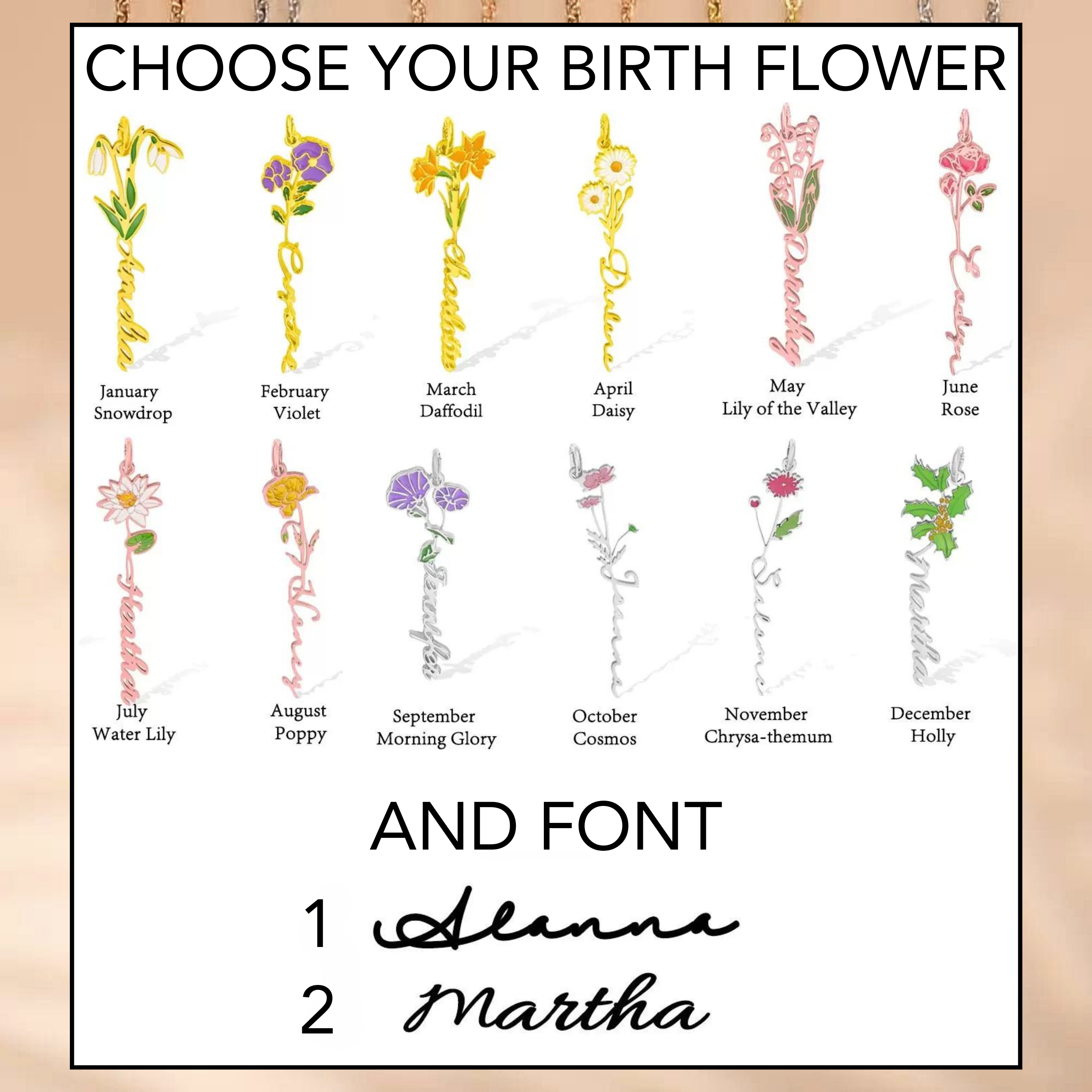 Personalized Birth Flower Name Necklace