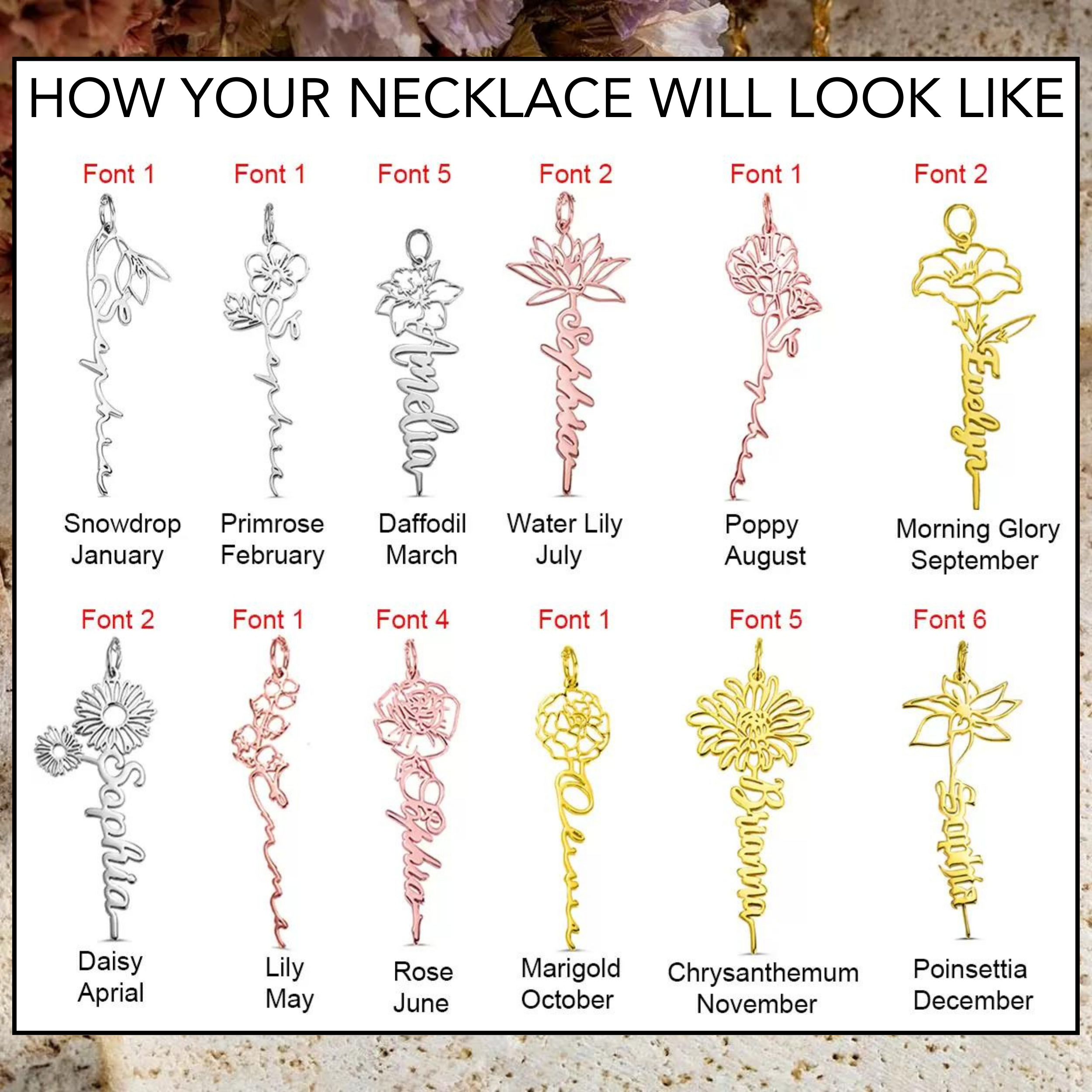 Custom Birth Flower Name Necklace