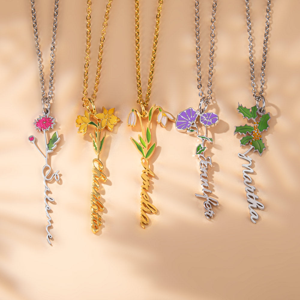 Personalized Birth Flower Name Necklace