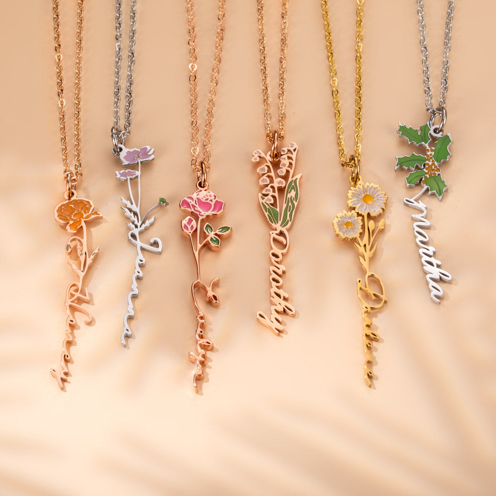 Personalized Birth Flower Name Necklace