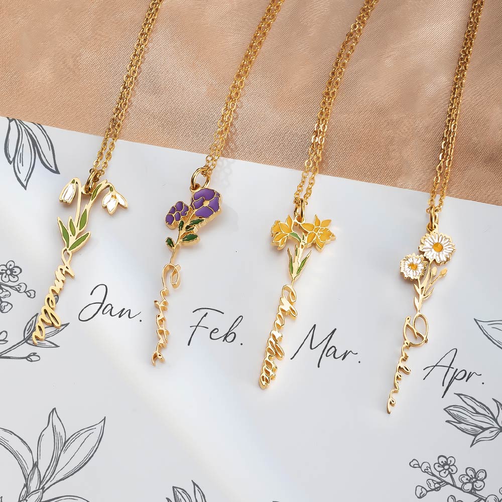 Personalized Birth Flower Name Necklace