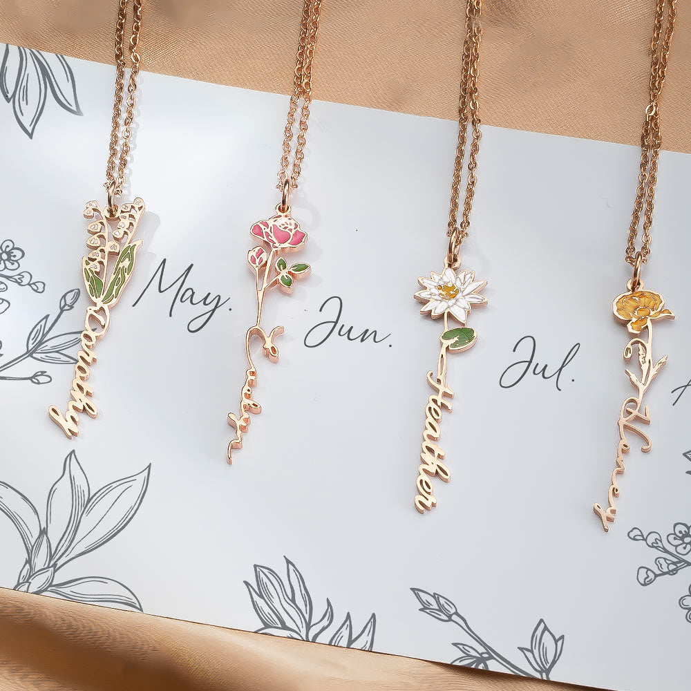 Personalized Birth Flower Name Necklace
